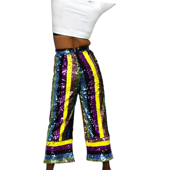 Fashion Nova Sequin Pant Rainbow Stripe Multicolor Cropped Wide Colorblock Small - Picture 3 of 16